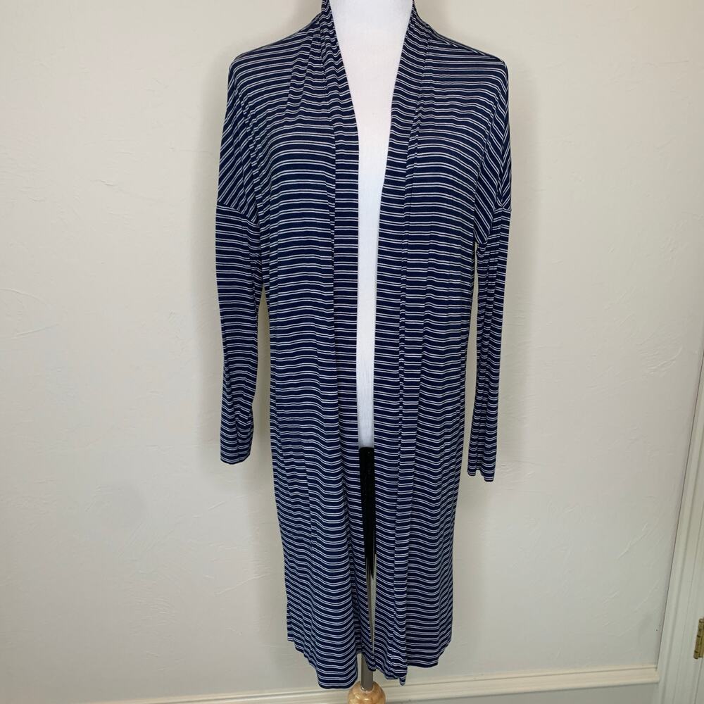 Soma Navy Blue White Striped Jersey Robe Open Front Sz Medium